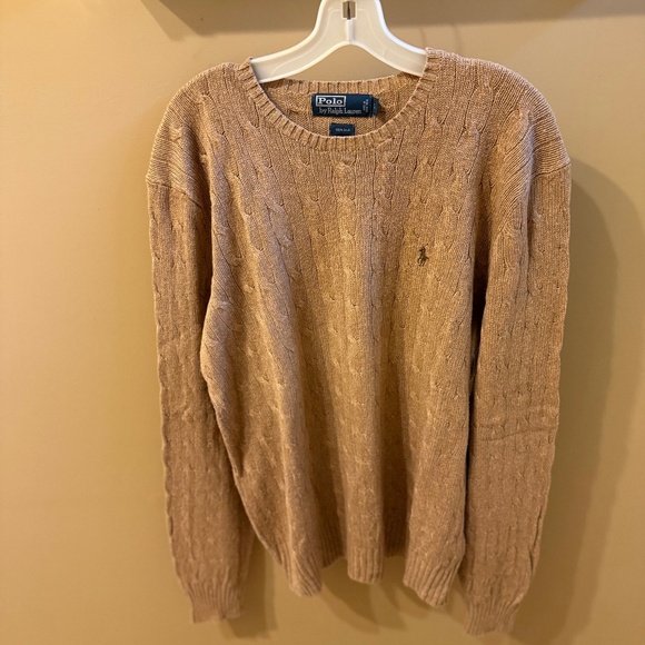 Polo Ralph Lauren 100% Silk Cable Knit Tan Sweater Mens Sz L Crewneck Pullover - Picture 1 of 11